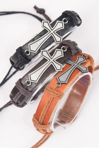 Bracelet Real Leather Band Sideways Cross / 12 pcs = Dozen  Unisex , Cross Size -1.5" x 0.75" Wide , 4 of each Color Asst , Hang Tag & OPP Bag & UPC Code
