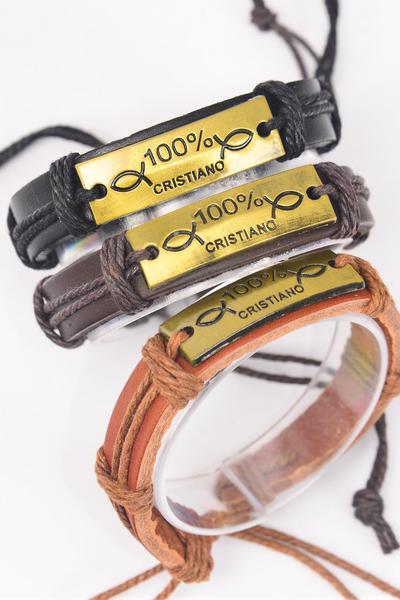 Bracelet Real Leather Band 100% Cristiano Gold / 12 pcs  = Dozen  Unisex , Adjustable , 4 of each Pattern Mix , Individual Hang tag & OPP Bag & UPC Code