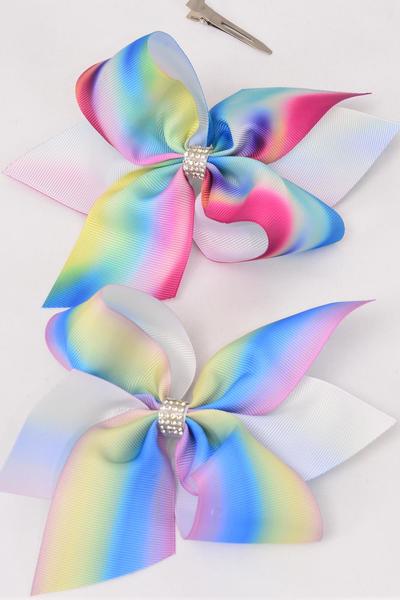 Hair Bow Jumbo Tiedye Gradient Rainbow Grosgrain Bow-tie / 12 pcs Bow = Dozen Alligator Clip , Size - 6" x 5" Wide , 6 of each Pattern Mix , Clip Strip & UPC Code