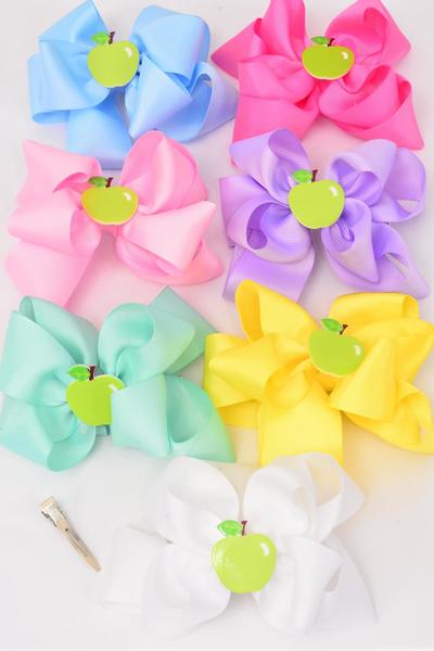Hair Bow Jumbo Double Layered Apple Charm Pastel Grosgrain Bow-tie / 12 pcs Bow = Dozen  Alligator Clip , Size - 6" x 6" Wide , 2 White , 2 Pink , 2 Yellow , 2 Lavender , 2 Blue , 1 Hot Pink , 1 Mint Mix , Clip Strip and UPC Code