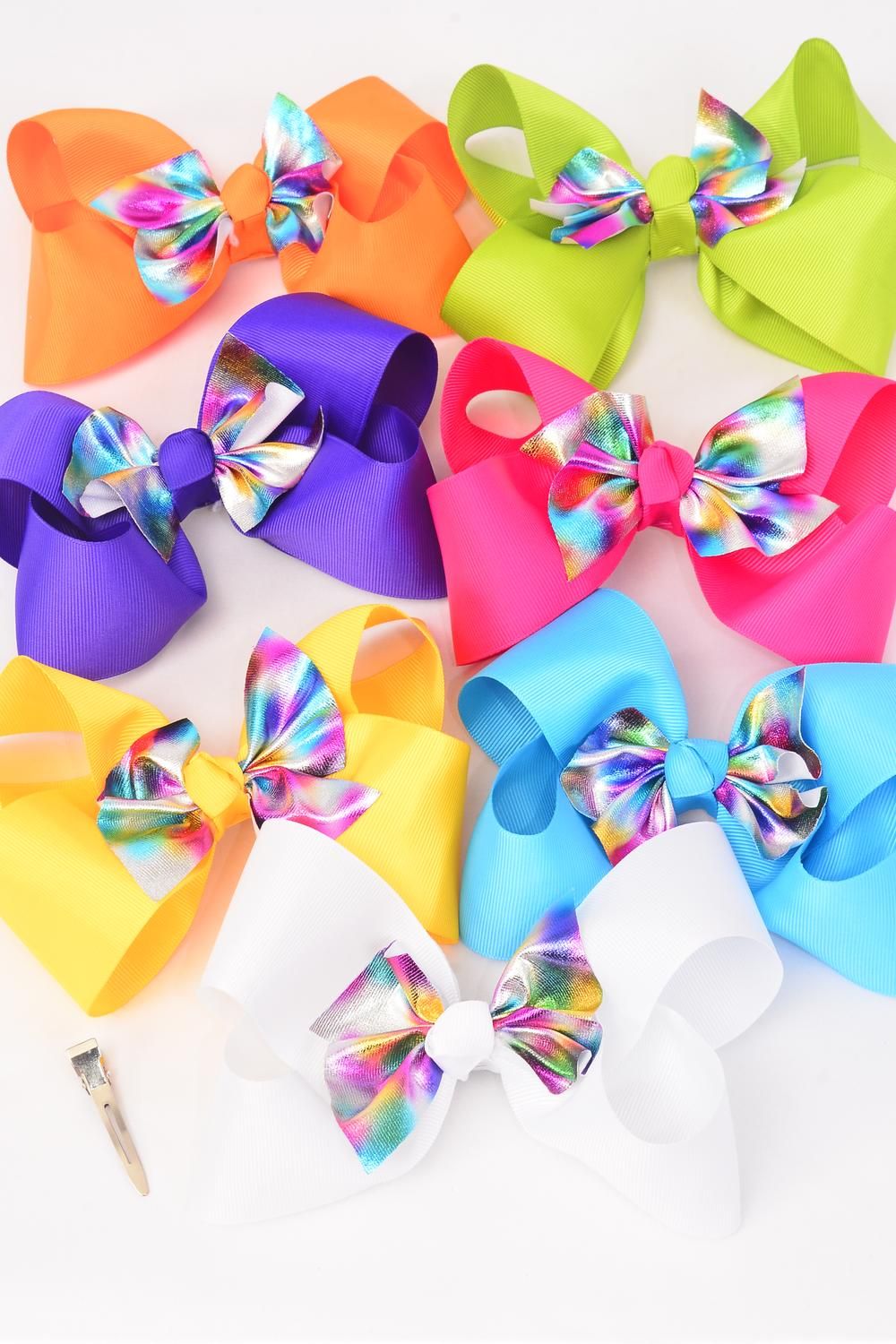 Hair Bow Jumbo Double Layered Center Metallic Gradient Rainbow Bow