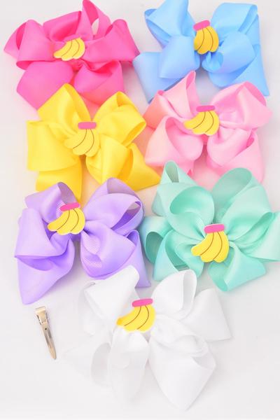 Hair Bow Jumbo Double Layered  Banana Charm Pastel Grosgrain Bow-tie / 12 pcs Bow = Dozen   Alligator Clip , Size - 6" x 5" , 2 White , 2 Pink , 2 Lavender , 2 Blue , 2 Yellow , 1 Hot Pink , 1 Mint Color Asst , Clip Strip and UPC Code
