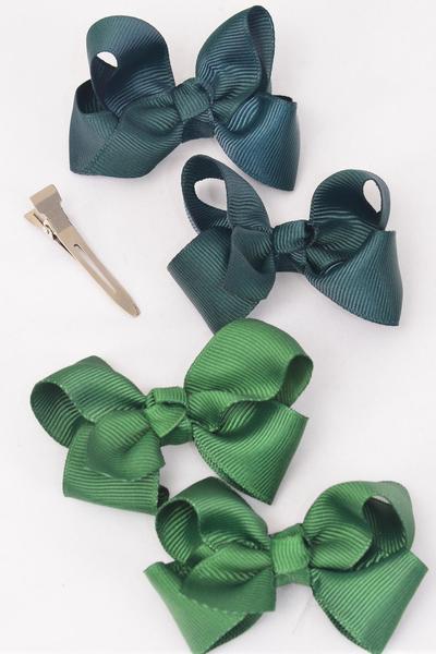 Hair Bow 24 pcs Spruce Hunter Green Mix Grosgrain Bow-tie / 12 Pair = Dozen Alligator Clip , Size - 3 x 2" Wide , 6 Spruces , 6 Hunter Green Color Asst , Clip Strip & UPC Code , 12 pair = Dozen