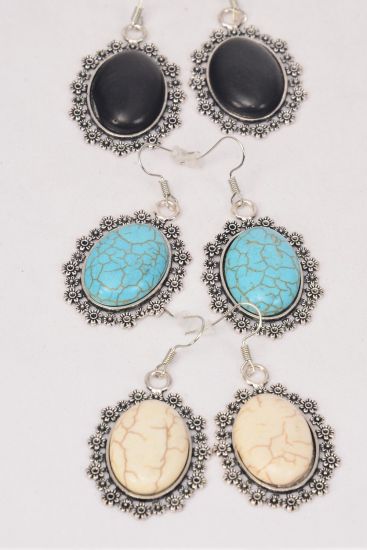 Earrings Metal Antique Oval Semiprecious Stone / 12 pair = Dozen Fish Hook , Size - 1.25" x 1" Wide , 4 Black , 4 Ivory , 4 Turquoise Asst , Earring Card & OPP Bag & UPC Code 