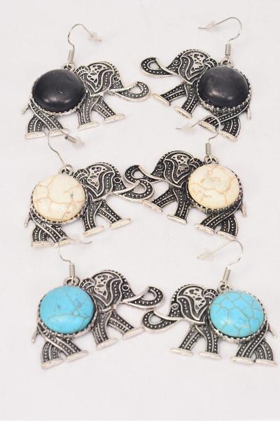 Earrings Metal Antique Large Elephant Semiprecious Stone / 12 pair = Dozen Fish Hook , Size - 2 x 1.25" Wide , 4 Black , 4 Ivory , 4 Turquoise Color Asst , Earring Card & OPP Bag & UPC Code