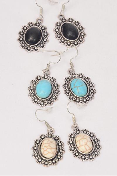 Earrings Metal Antique Oval Dangle Semiprecious Stone / 12 pair = Dozen Fish Hook , Size - 1" x 1" Wide , 4 Black , 4 Ivory , 4 Turquoise Asst , Earring Card & OPP Bag & UPC Code 