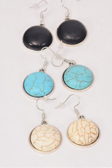 Earrings Metal Antique Round Semiprecious Stone / 12 pair = Dozen Fish Hook , Size - 1" Wide , 4 Black , 4 Ivory , 4 Turquoise Asst , Earring Card & OPP Bag & UPC Code -