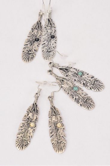 Earrings Metal Antique Feather Semiprecious Stone / 12 pair = Dozen Fish Hook , Size -1.75" x  0.5" Wide , 4 Black , 4 Ivory , 4 Turquoise Asst , Earring Card & OPP Bag & UPC Code -