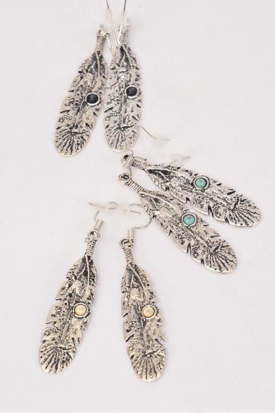 Earrings Metal Antique Feather Semiprecious Stone / 12 pair = Dozen Fish Hook , Size -1.75" x  0.5" Wide , 4 Black , 4 Ivory , 4 Turquoise Asst , Earring Card & OPP Bag & UPC Code -