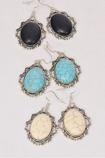 Earrings Metal Antique Semiprecious Stone / 12 pair = Dozen Fish Hook , Size-1.5"x 1.25" Wide , 4 Black , 4 Ivory , 4 Turquoise Asst , Earring Card & OPP Bag & UPC Code