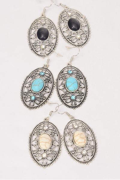 Earrings Metal Antique Flower Semiprecious Stone / 12 pair = Dozen match 75030  Fish Hook , Size - 1.75" x 1" Wide , 4 Black , 4 Ivory , 4 Turquoise Asst , Earring Card & OPP Bag & UPC Code 