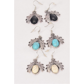 Earrings Metal Antique Ladybug Semiprecious Stone/DZ **Fish Hook** Size-1&quot;x 1&quot; Wide,4 Black,4 Ivory,4 Turquoise Asst,Earring Card &amp; OPP Bag &amp; UPC Code -