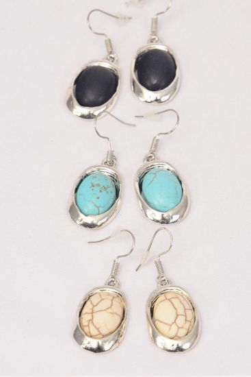 Earrings Metal Antique Oval Semiprecious Stone / 12 pair = Dozen match 76022 Fish Hook , Size -1" x 0.75" Wide , 4 Black , 4 Ivory , 4 Turquoise Asst , Earring Card & OPP Bag & UPC Code -