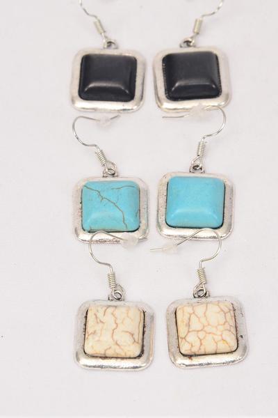 Earrings Metal Antique Square Semiprecious Stone / 12 pair = Dozen Fish Hook , Size - 1" Wide , 4 Black , 4 Ivory , 4 Turquoise Asst , Earring Card & OPP Bag & UPC Code