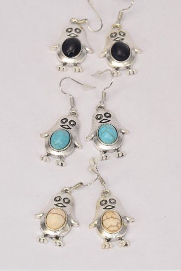 Earrings Metal Antique Penguin Real Semiprecious Stone / 12 pair = Dozen Fish Hook , Size - 1" x  0.75" Wide , 4 Black , 4 Ivory , 4 Turquoise Asst , Earring Card & OPP Bag & UPC Code 