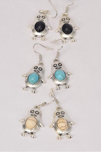 Earrings Metal Antique Penguin Real Semiprecious Stone / 12 pair = Dozen Fish Hook , Size-1." x  0.75" Wide , 4 Black , 4 Ivory , 4 Turquoise Asst , Earring Card & OPP Bag & UPC Code 