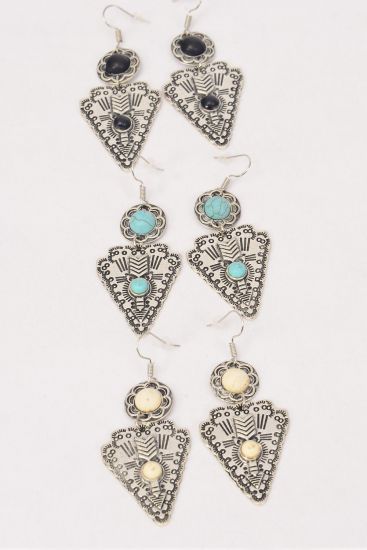 Earrings Metal Antique Western Look Semiprecious Stone / 12 pair = Dozen Fish Hook , Size - 2" x 1" Wide , 4 Black , 4 Ivory , 4 Turquoise Asst , Earring Card & OPP Bag & UPC Code 