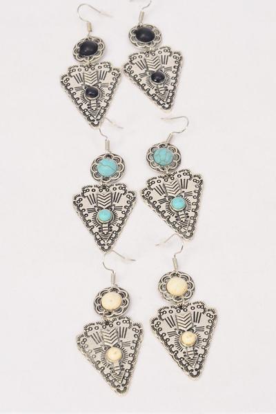 Earrings Metal Antique Western Look Semiprecious Stone / 12 pair = Dozen Fish Hook , Size - 2" x 1" Wide , 4 Black , 4 Ivory , 4 Turquoise Asst , Earring Card & OPP Bag & UPC Code 