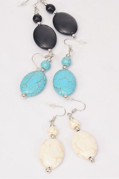 Earrings Antique Oval Semiprecious Stone / 12 pair = Dozen Fish Hook , Size -1.75" x 1" Wide , 4 Black , 4 Ivory , 4 Turquoise Asst , Earring Card & OPP Bag & UPC Code