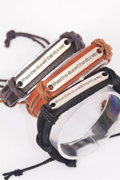 Bracelet Real Leather Band ~Where Ther Esa will ther es a way / 12 pcs = Dozen  Unisex , Adjustable , 4 of each Pattern Mix , Individual Hang tag & OPP Bag & UPC Code