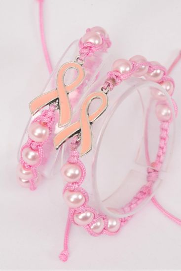 Bracelet Enamel Pink Ribbon Braided 10 mm Pearl / 12 pcs = Dozen match Breast Cancer Awareness , Adjustable , 6 of each Color Asst , Hang Tag & OPP Bag & UPC Code