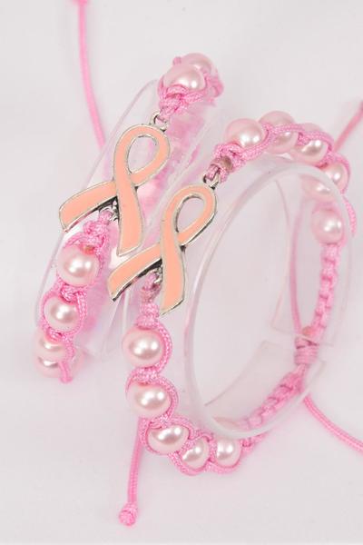 Bracelet Enamel Pink Ribbon Braided 10 mm Pearl / 12 pcs = Dozen match Breast Cancer Awareness , Adjustable , 6 of each Color Asst , Hang Tag & OPP Bag & UPC Code