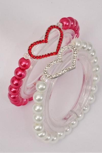 Bracelet 10 mm Glass Pearl Rhinestone Heart / 12 pcs = Dozen Stretch , Heart Size - 1.25" x 1" Wide , 6 of each Color Asst , Hang Tag & OPP bag & UPC Code