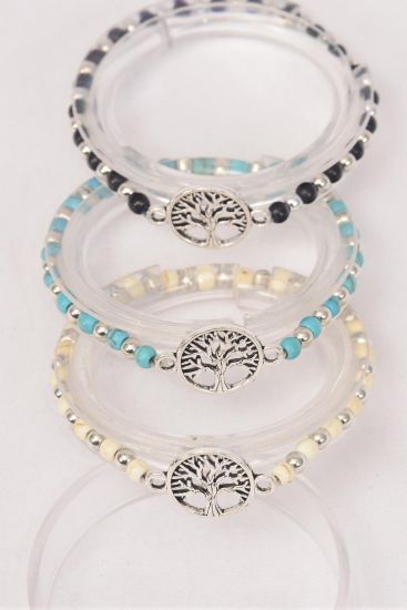 Bracelet 4 mm Semiprecious Stone & Silver Tree of Life Charm Stretchy/ 12 pcs = Dozen  Stretch , 4 Black , 4 Ivory , 4 Turquoise Color Asst , Hang Tag & Opp Bag & UPC Code