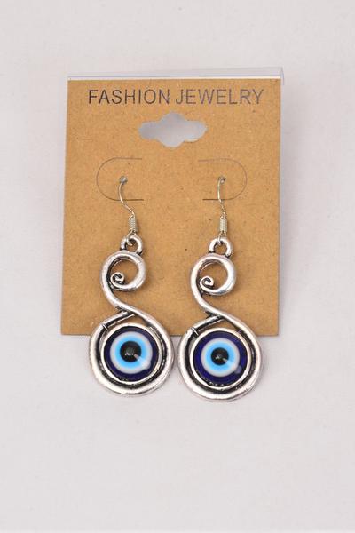 Earrings Metal Antique Blue Venetian Glass Hamsa Evil Eye Symbol Good luck and Protection / 12 pair = Dozen Fish Hook , Size - 1.5" x 1" Wide , Earring Card & OPP Bag & UPC Code
