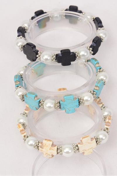 Bracelet 10 mm Pearl & Cross Semiprecious Stone Stretch / 12 pcs = Dozen Stretch , 4 Black , 4 Ivory  , 4 Turquoise Color Asst , Hang Tag & Opp Bag & UPC Code