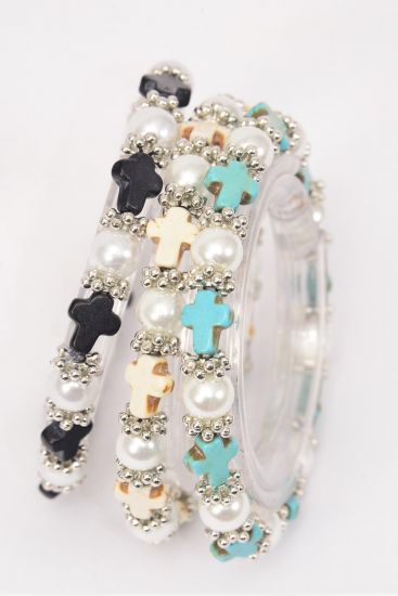 Bracelet 8 mm Pearl Cross Semiprecious Stone mix Stretch / 12 pcs = Dozen Stretch , 4 Black , 4 Ivory , 4 Turquoise Color Asst , Hang Tag & Opp Bag & UPC Code