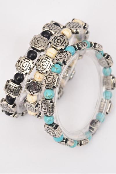 Bracelet Semiprecious Stone Western Aztec Mix / 12 pcs = Dozen Stretch , 4 Black , 4 Ivory , 4 Turquoise Color Asst , Hang Tag & Opp Bag & UPC Code