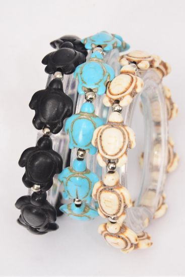 Bracelet Semiprecious Stone Turtle Stretch / 12 pcs = Dozen Stretch , 4 Black , 4 Ivory , 4 Turquoise Asst , Hang Tag & OPP Bag & UPC Code