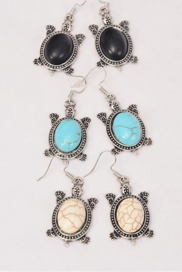 Earrings Metal Antique Turtle Semiprecious Stone /  12 pcs = Dozen Fish Hook , Size - 1.5" x 1" Wide , 4 Black , 4 Ivory , 4 Turquoise Asst , Earring Card & OPP Bag & UPC Code