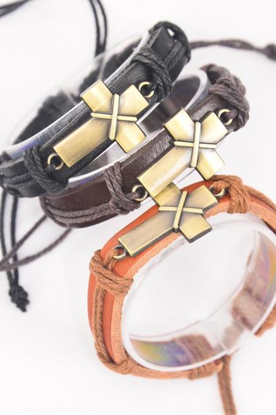 Bracelet Real Leather Band Sideways Cross / 12 pcs = Dozen  Unisex , Cross - 1.25" x 0.75" Wide , Adjustable , 4 of each Pattern Mix, Individual Hang tag & OPP Bag & UPC Code