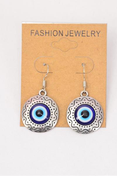 Earrings Metal Antique Blue Venetian Glass Hamsa Evil Eye Good luck And Protection / 12 pair = Dozen Fish Hook , Size - 1"  Wide , Earring Card & OPP Bag & UPC Code