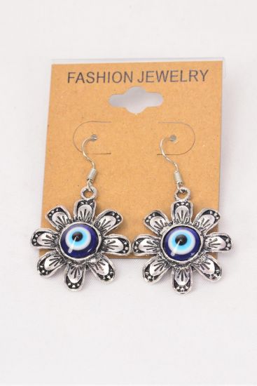 Earrings Metal Antique Blue Venetian Glass Hamsa Evil Eye Good luck And Protection / 12 pair = Dozen Fish Hook , Size - 1.5"x 1" Wide , Earring Card & OPP Bag & UPC Code