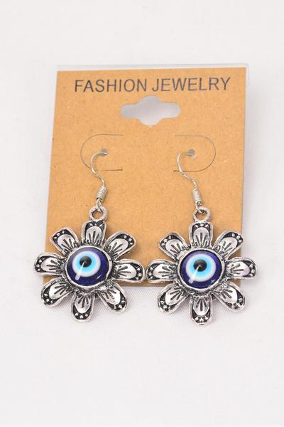 Earrings Metal Antique Blue Venetian Glass Hamsa Evil Eye Good luck And Protection / 12 pair = Dozen Fish Hook , Size - 1.5"x 1" Wide , Earring Card & OPP Bag & UPC Code