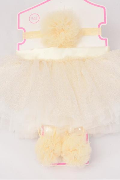 Tutu Pom Pom Theme 3 pcs Sets Beige / Sets Size-0-12 month , Headband Bow-3'' Stretch , Shoe , Display Card & UPC Code