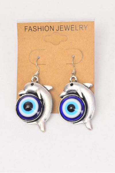 Earrings Metal Antique Blue Venetian Glass Dolphin Hamsa Evil Eye / 12 pair = Dozen  Fish Hook ,  Size - 1.25" x 1" Wide , Earring Card & OPP Bag & UPC Code