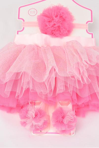 Tutu Pom Pom Theme 3 pcs Sets Pink / Sets Tutu , Size - 0 -12 month , Headband Bow - 3'' Stretch , Shoe , Display Card & UPC Code