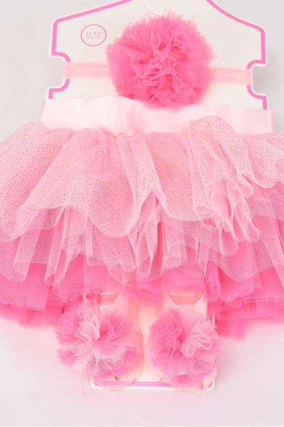 Tutu Pom Pom Theme 3 pcs Sets Pink / Sets Size-0-12 month , Headband Bow-3'' Stretch , Shoe , Display Card & UPC Code