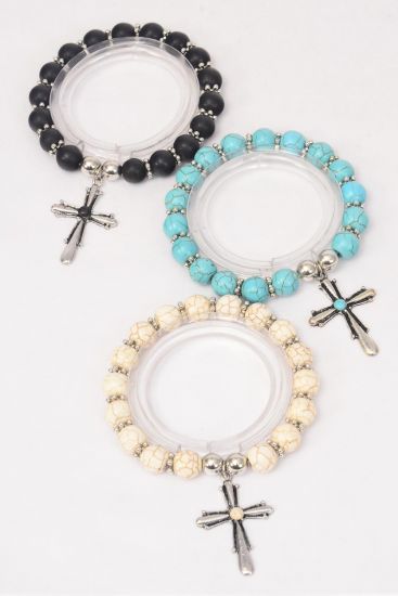 Bracelet Cross Charm Stretch 10 mm Semiprecious Stone/DZ match 76026 **Stretch** Cross-1.5"x 1" Wide,4 Black,4 Ivory,4 Turquoise Asst,Hang Tag & OPP Bag & UPC Code