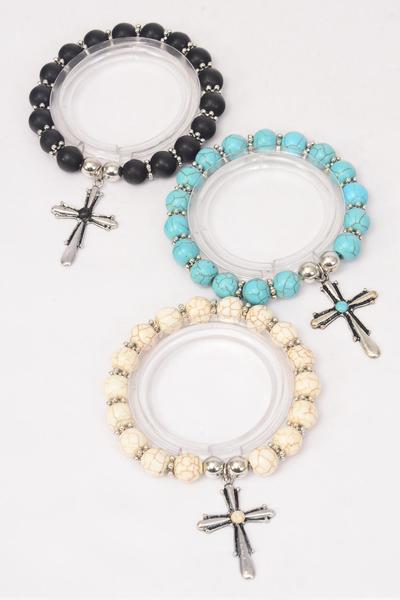 Bracelet Cross Charm Stretch 10 mm Semiprecious Stone/DZ match 76026 **Stretch** Cross-1.5"x 1" Wide,4 Black,4 Ivory,4 Turquoise Asst,Hang Tag & OPP Bag & UPC Code