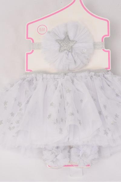 Tutu Star Dust Theme 3 pcs Sets White / Sets  Size-0-12 month , Headband Bow-3'' Stretch , Shoe , Display Card & UPC Code