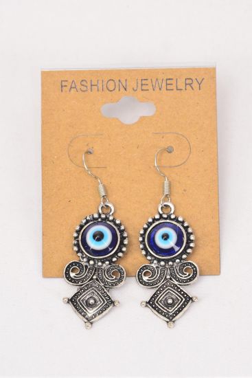 Earrings Metal Antique Blue Venetian Glass Hamsa Evil Eye Good luck And Protection / 12 pair = Dozen Fish Hook , Size - 1.5" x 1" Wide , Earring Card & OPP Bag & UPC Code