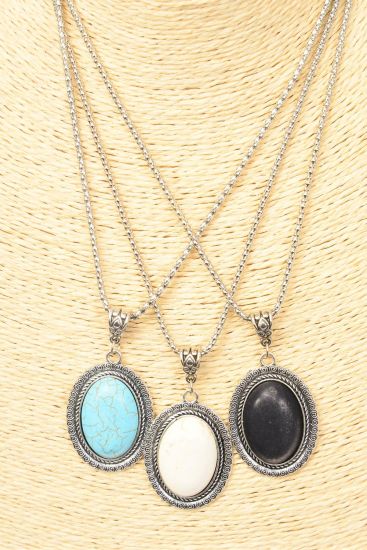 Necklace Silver Chain Metal Antique Oval Semiprecious Stone / 12 pcs = Dozen  match 26098 Pendant - 1.75" x 1.25" Wide , Chain-18" Extension Chain , 4 Ivory , 4 Black , 4 Turquoise Asst , Hang Tag & OPP Bag & UPC Code