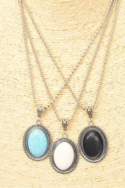 Necklace Silver Chain Metal Antique Oval Semiprecious Stone / 12 pcs = Dozen  match 26098 Pendant - 1.75" x 1.25" Wide , Chain-18" Extension Chain , 4 Ivory , 4 Black , 4 Turquoise Asst , Hang Tag & OPP Bag & UPC Code