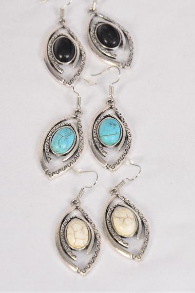 Earrings Metal Antique Aztec Westren Look  Semiprecious Stone / 12 pair = Dozen Fish Hook , Size - 1.5" x 1" Wide , 4 Black , 4 Ivory , 4 Turquoise Asst , Earring Card & OPP Bag & UPC Code