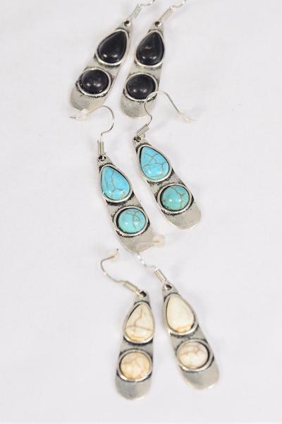 Earrings Metal Antique Semiprecious Stone / 12 pair = Dozen Fish Hook , Size - 1.5" x 0.5" Wide , 4 Black , 4 Ivory , 4 Turquoise Asst , Earring Card & OPP Bag & UPC Code 